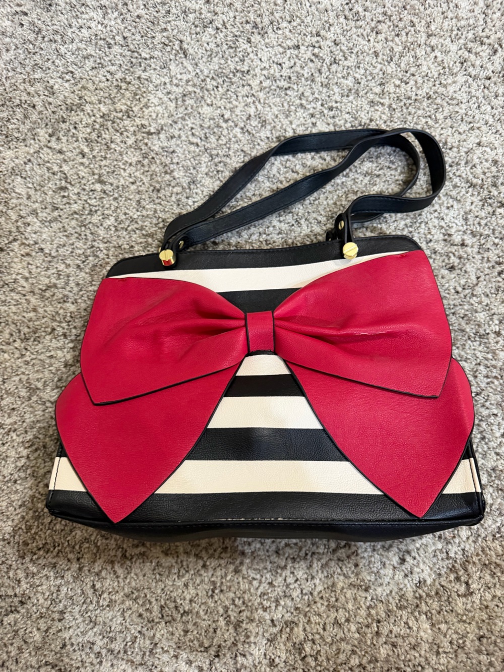 Black & White Stripe Crossbody Bag with Pink Bow